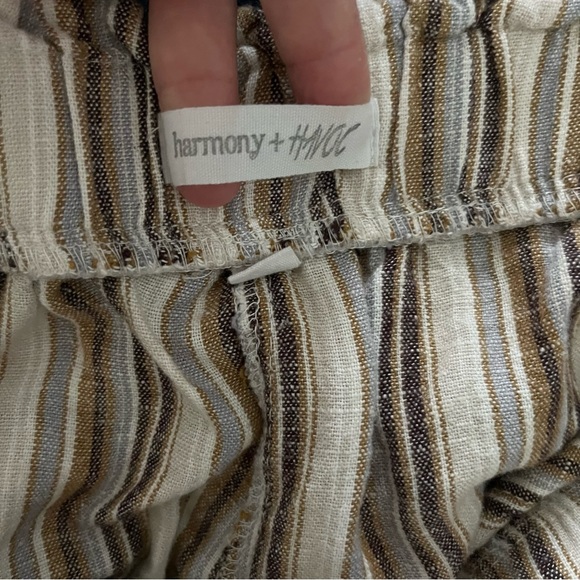 Harmony & Havoc Linen Blend Striped Brown Pants w Drawstring Large Paper Bag Top - Picture 2 of 9
